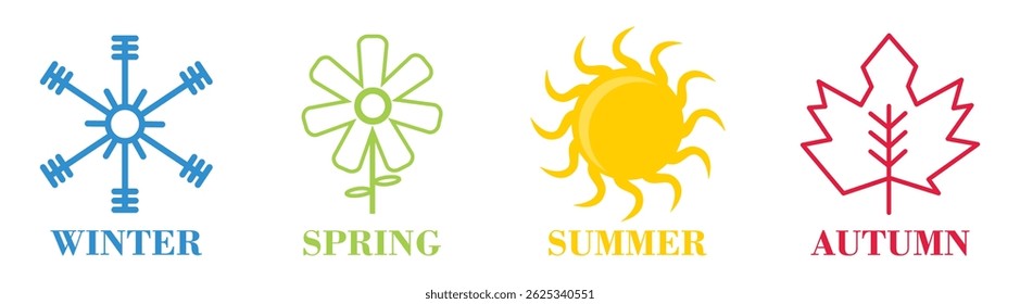 Four seasons icons, signs, symbols. Winter spring summer autumn. Vector illustration.
