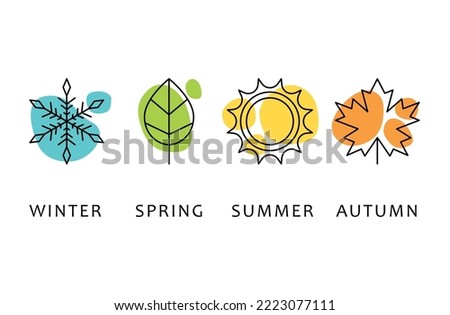 Four seasons icons, signs, symbols. Winter spring summer fall. Snowflake, leaf, sun, autumn leaf. Line art