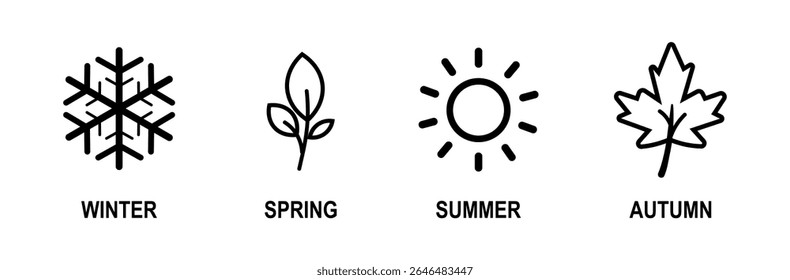 Four seasons icons vector illustration, Winter, spring, summer, fall sign isolated, Snowflake, leaf, sun, autumn leaf Line art design, Seasons symbols summer, winter, spring, autumn icon, weather sign