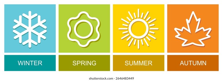 Four seasons icons vector illustration, Winter, spring, summer, fall sign isolated, Snowflake, leaf, sun, autumn leaf Line art design, Seasons symbols summer, winter, spring, autumn icon, weather sign