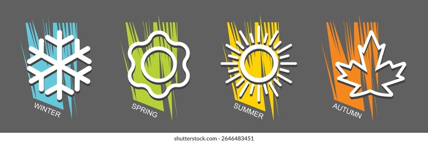Four seasons icons vector illustration, Winter, spring, summer, fall sign isolated, Snowflake, leaf, sun, autumn leaf Line art design, Seasons symbols summer, winter, spring, autumn icon, weather sign
