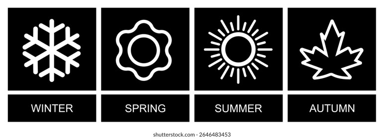 Four seasons icons vector illustration, Winter, spring, summer, fall sign isolated, Snowflake, leaf, sun, autumn leaf Line art design, Seasons symbols summer, winter, spring, autumn icon, weather sign