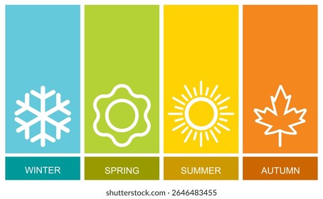 Four seasons icons vector illustration, Winter, spring, summer, fall sign isolated, Snowflake, leaf, sun, autumn leaf Line art design, Seasons symbols summer, winter, spring, autumn icon, weather sign
