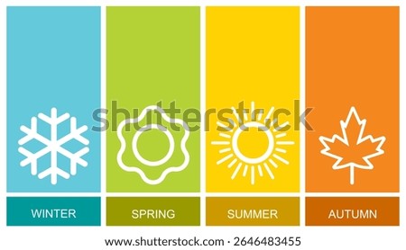 Four seasons icons vector illustration, Winter, spring, summer, fall sign isolated, Snowflake, leaf, sun, autumn leaf Line art design, Seasons symbols summer, winter, spring, autumn icon, weather sign
