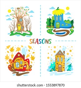 Four seasons illustration. Fairytale houses  from spring, summer, autumn and winter. Educational illustration for little children. Doodle style
