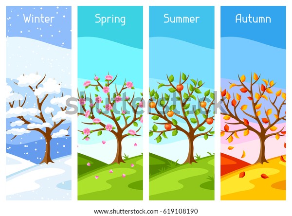 四季 冬 春 夏 秋の木と風景のイラスト のベクター画像素材 ロイヤリティフリー