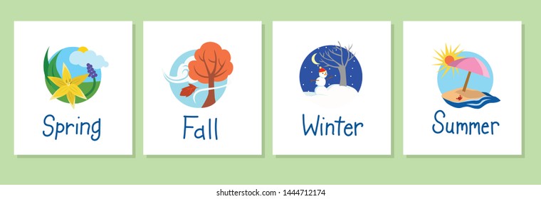 Four seasons illustrations for cue cards to use in elementary school nursery classes  Can be used for English learning  English as second language  knowledge  children's books   magazines 