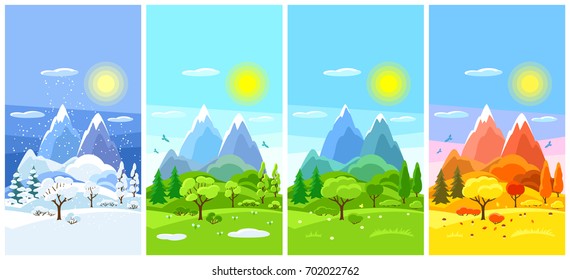 Four seasons landscape. Banners with trees, mountains and hills in winter, spring, summer, autumn