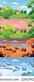 El paisaje de cuatro estaciones. Primavera, otoño, invierno y verano. Colinas con árboles y pueblo, campo. Naturaleza y agricultura. Colección de afiches o pancartas. Dibujo vectorial plano de dibujos animados