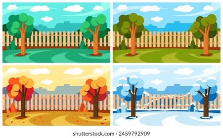 Four seasons landscape. Spring, summer, autumn, winter - landscapes in a flat style. Background for banner, greeting card or poster