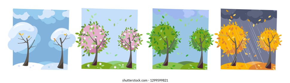 Four seasons landscape. Summer, fall, spring and winter trees. Different times of year. Set of four non-parallel pictures with view of nature. Flat cartoon vector illustration. Trees with round crown