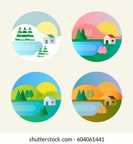 Four Seasons Landscape Vector Illustration In Material Design Style. Winter, Spring, Summer, Fall, Autumn. Little Village House, Mountains, Trees, Lake, Field. 