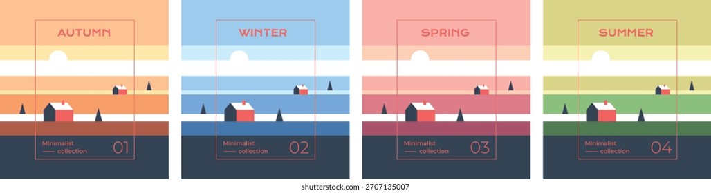 Four seasons in minimalist vector style. A cozy house in a changing landscape. Ideal for calendars, advertising, and print materials. Cohesive series.