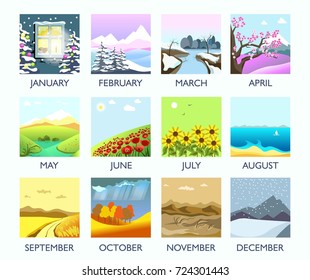 Four seasons month nature landscape winter, summer, autumn, spring vector flat scenery