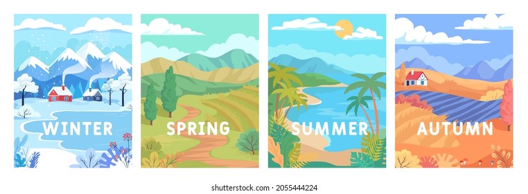 Four seasons of nature change colorful landscape vector illustration. Winter, spring, summer and autumn  - Shutterstock ID 2055444224