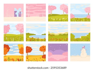 Four seasons of nature cover flat design set. Simple stylized design winter, spring, summer and autumn landscapes poster backgrounds. Editable seasonal art vector cartoon illustration for children