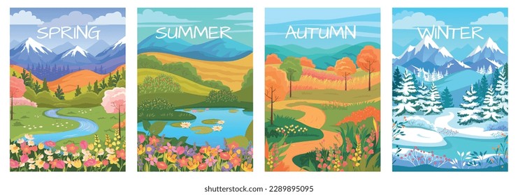 Four seasons nature landscape colorful illustartion. Spring mountains, summer lake, autumn fields and winter view set
