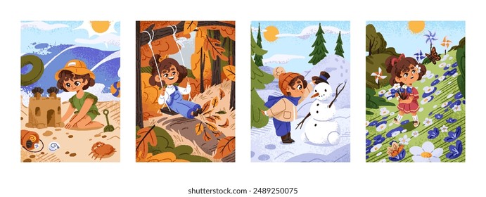 Four seasons of nature set. Cute girl has fun on swings in autumn. Kid plays with snowman in winter. Child picking flowers in spring, builds sand castle in summer. Flat hand drawn vector illustrations