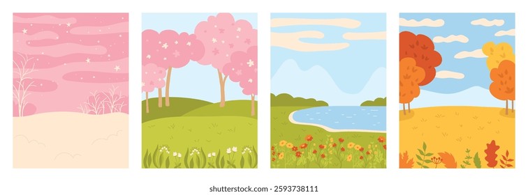 Four seasons of nature set poster for children. Winter, spring, summer and autumn landscapes with trees, flowers, river and mountains. Bright art, simple design, seasonal vector cartoon illustration