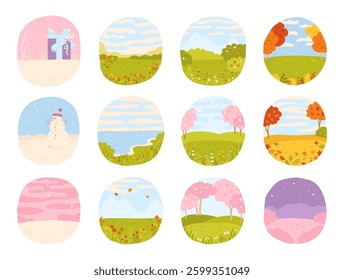 Four seasons of nature set round shape illustration for calendar. Simple stylized flat design winter, spring, summer and autumn landscapes poster backgrounds. Vector cartoon illustration for children