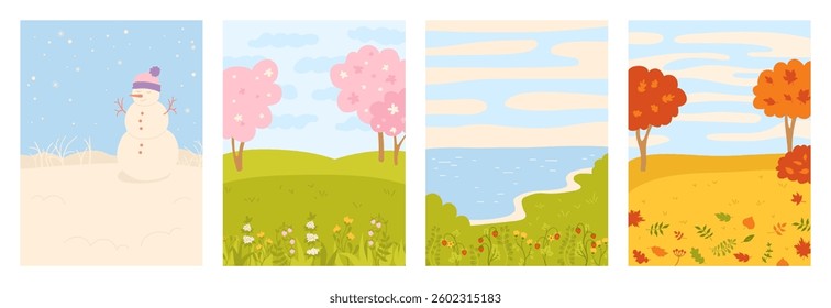 Four seasons of nature set vector cartoon illustration. Winter, spring, summer and autumn landscapes with trees, flowers, river and snowman. Bright art, simple design, seasonal poster for children