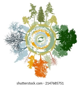 Four seasons of nature. Spring and summer and autumn and winter woodland, colorful silhouette of trees around grunge circle. Vector illustration