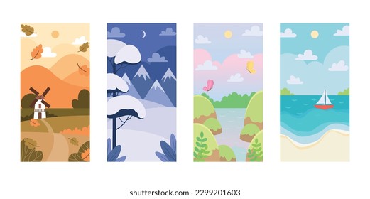 Four seasons of nature vector illustration. Winter, spring, summer and autumn