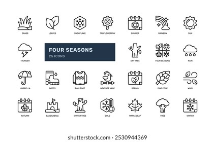 four seasons nature weather autumn winter spring summer detailed outline line icon set