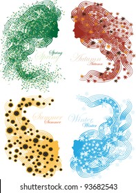 four seasons nymph in silhouette with grass,leaves,flowers and snow flakes in hair