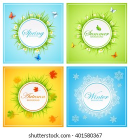 Four seasons on abstract backgrounds with round cards, grass, butterflies, maple leaves and snowflakes, illustration.