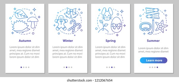 Four seasons onboarding mobile app page screen with linear concepts. Winter, autumn, spring, summer steps graphic instructions. UX, UI, GUI vector template with illustrations