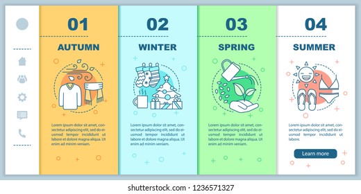 Four seasons onboarding mobile web pages vector template. Winter, autumn, spring, summer. Responsive smartphone website interface idea with linear illustrations. Webpage walkthrough step screens
