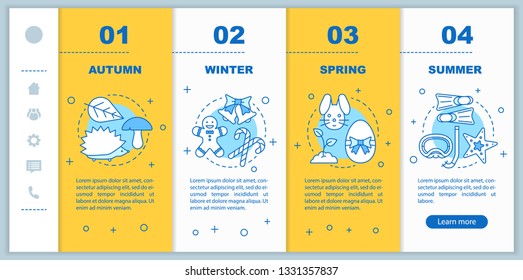 Four seasons onboarding mobile web pages vector template. Responsive smartphone website interface idea with linear illustrations. Winter, autumn webpage walkthrough step screens. Color concept