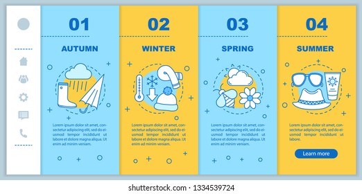 Four seasons onboarding mobile web pages vector template. Responsive smartphone website interface idea with linear illustrations. Spring, autumn webpage walkthrough step screens. Color concept
