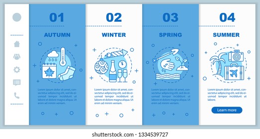 Four seasons onboarding mobile web pages vector template. Responsive smartphone website interface idea with linear illustrations. Spring, summer webpage walkthrough step screens. Color concept