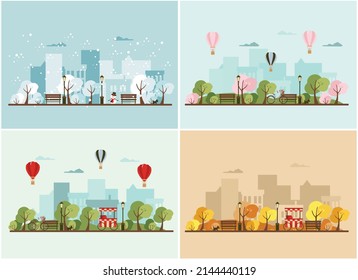 four seasons in the park, city park, vector illustration