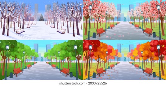 Four seasons in the park. Winter. Spring. Summer. Autumn. Panorama road over the park with benches, trees, lanterns and a monument. Vector illustration of  city street in cartoon style.