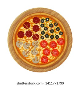 Four seasons pizza with pepperoni, olives, mushrooms, tomato on wood board. Object for packaging, advertisements, menu. Isolated on white. Vector illustration. Cartoon.
