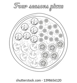 Four seasons pizza with salami, olives, mushrooms, tomato. Object for packaging, advertisements, menu. Isolated on white. Vector illustration. Cartoon.