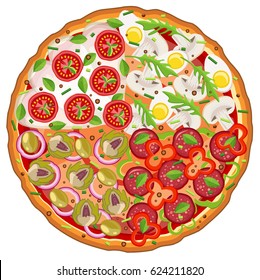 Four seasons pizza vector illustration with tomatoes, pepperoni, artichokes, olives, eggs and mushrooms on isolated background. Quattro stagioni italian dish image divided into four sections.  