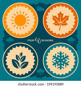 Four Seasons Poster Design. Vector Icons Of Leaf, Snowflake And Sun