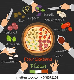 Four seasons recipe pizza constructor on black wood background