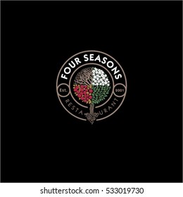 Four Seasons restaurant logo. Restaurant or hotel emblem. Wood as the seasons in a circle with the letters. 