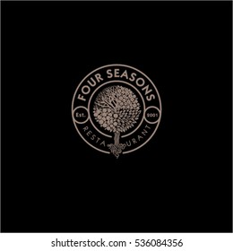 Four Seasons restaurant logo. Restaurant or hotel emblem. Wood as the seasons in a circle with the letters.