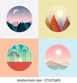 cuatro temporadas, alrededor de iconos de paisaje ilustraciones vectoriales en estilo de polígono bajo. Los picos de las montañas de invierno con nieve, los picos triangulares del bosque de otoño, los bosques de primavera con el campo de amapolas y el océano en verano.