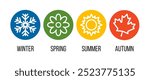 four seasons round vector icons set, blue winter snowflake, green spring flower, yellow summer sun, red orange autumn leaf