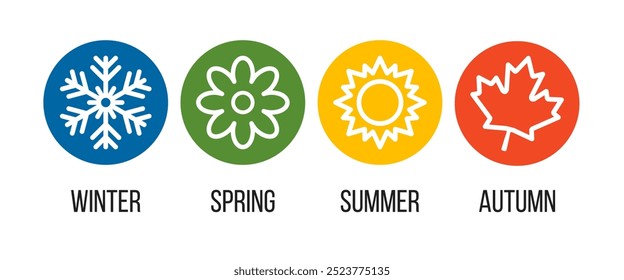 four seasons round vector icons set, blue winter snowflake, green spring flower, yellow summer sun, red orange autumn leaf