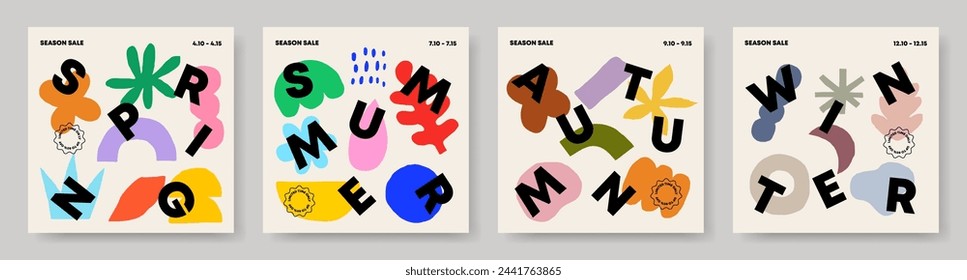 Four seasons sale poster. hand drawn abstract organic shape plants background. Social media post  typography template. Web banner, brochure, seasonal invitation. Trendy flat vector illustration.