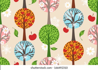 Four seasons. Seamless pattern. Winter, Spring, Summer and Autumn. Four various types of trees. Seamless pattern can be used for wallpapers, web page backgrounds or wrapping papers. EPS 8.