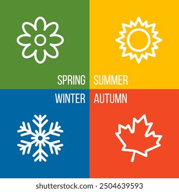 four seasons set, blue winter snowflake, green spring flower, yellow summer sun, red orange autumn leaf